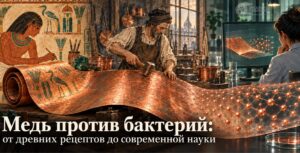Обложка статьи «Медь против бактерий»: медный лист соединяет Египет, Париж XIX века и современную лабораторию.