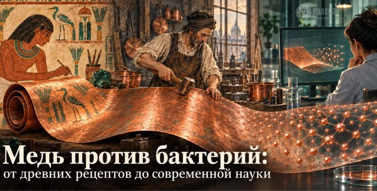 Обложка статьи «Медь против бактерий»: медный лист соединяет Египет, Париж XIX века и современную лабораторию.