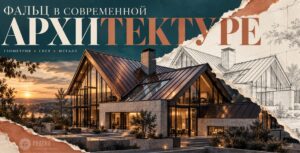 Архитектурный коллаж с художественным образом дома с медным фальцем и рисунком его геометрии.