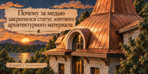 Современный дом со сложной медной фальцевой кровлей в тёплом вечернем свете