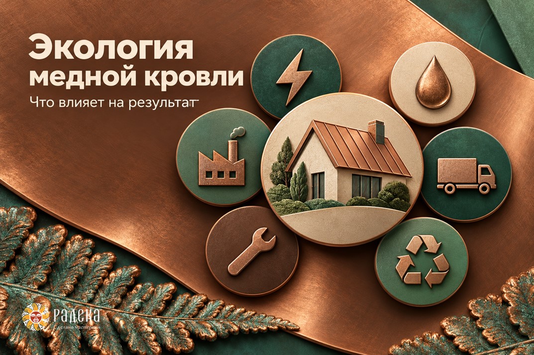 Дом с медной кровлей в окружении символов производства, энергии, воды, перевозки, обслуживания и переработки.