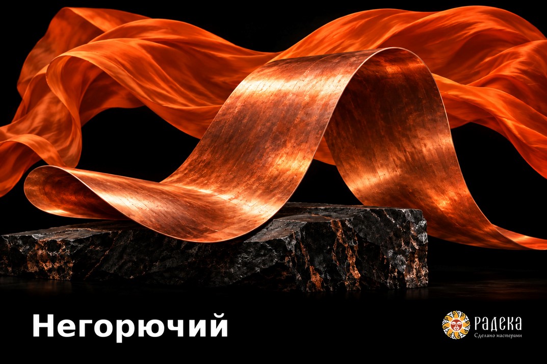 Изогнутый медный лист на тёмном камне и оранжевая драпировка.