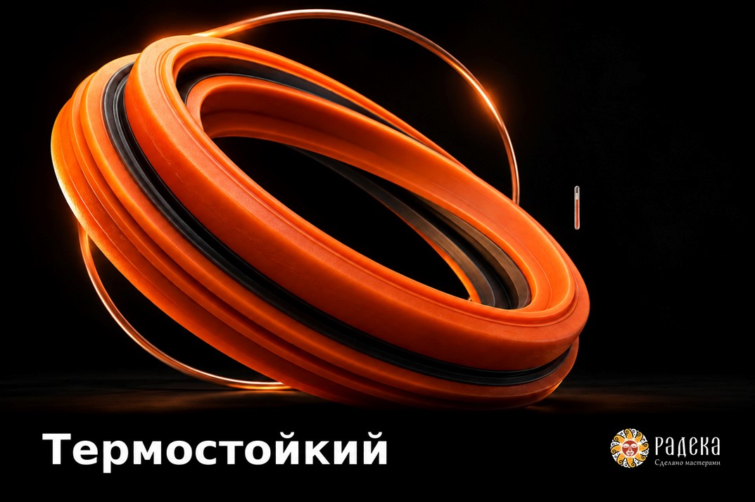 Оранжевое уплотнительное кольцо с чёрной вставкой и небольшой термометр на чёрном фоне.