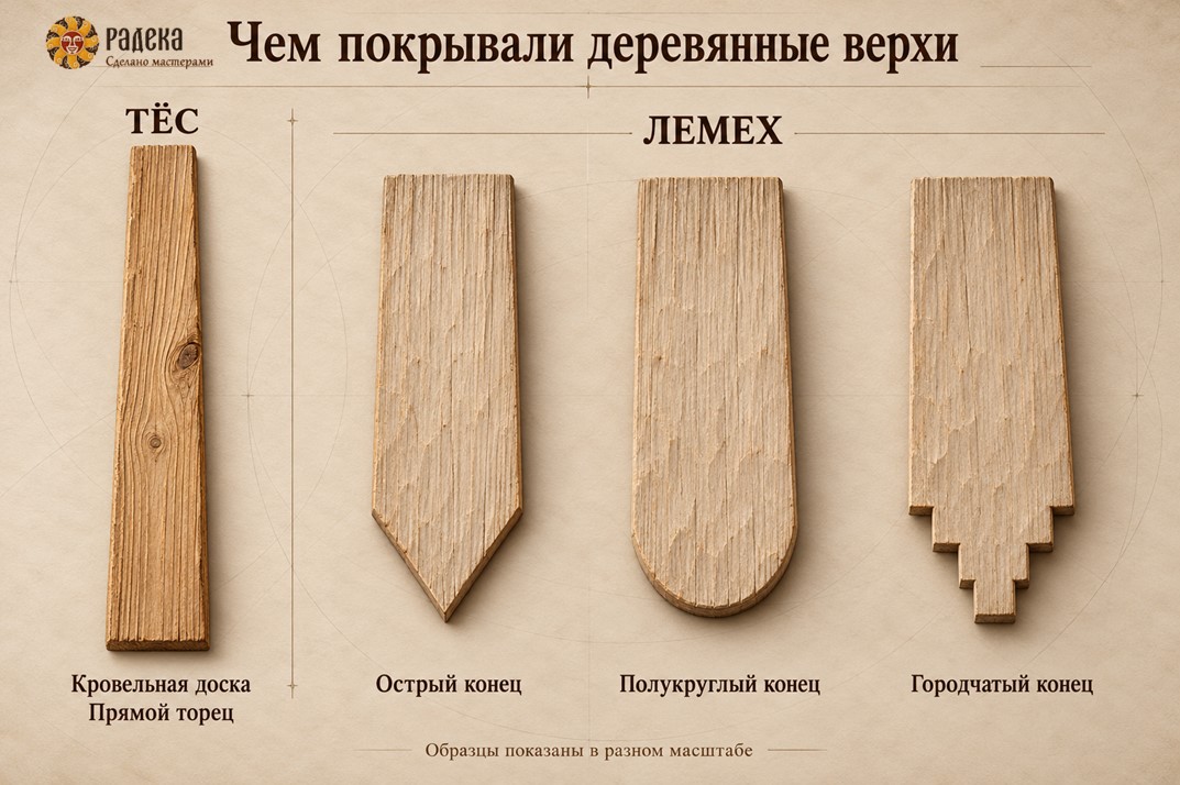 Кровельная доска тёса и три формы лемеха: с острым, полукруглым и городчатым концом.